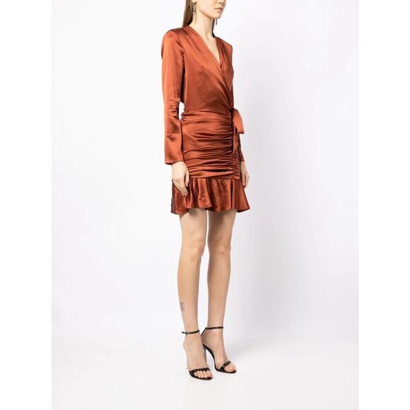 NWT Veronica Beard Agatha Wrap Dress in Cognac Size 2 Brown Silky Satin Ruched - Picture 3 of 16